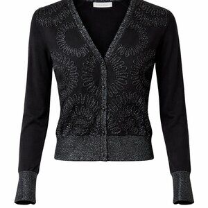 Calvin Klein  Black Beaded Sequin Cardigan Sweater Metallic Trim Button Y2K Glam